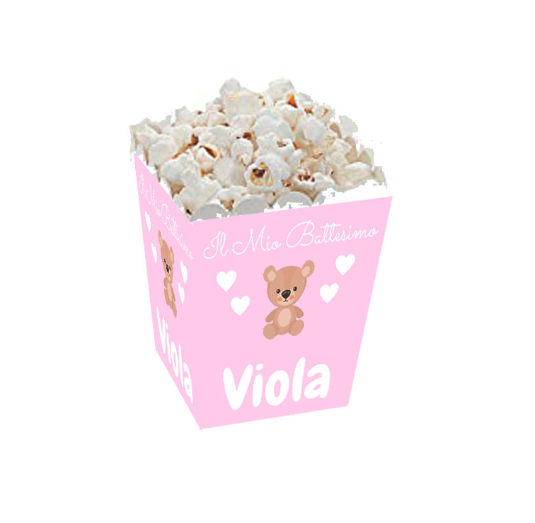 Kit Festa Personalizzato Contenitori Popcorn Battesimo Rosa