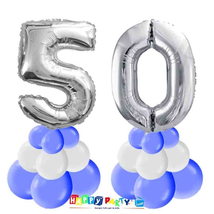 centrotavola palloncini numeri mylar 50 anni argento base blu