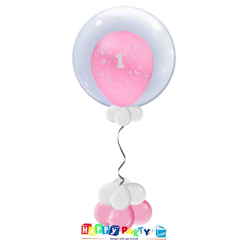 Composizione Palloncino Bubble primo Compleanno bimba rosa